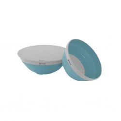 Set med durkslag, skål och lock som kan användas som skärbräda.