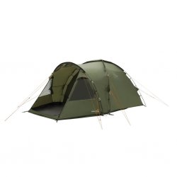 Easy Camp Kinn 4, ett billigt 4-personers familjetält med två mörka sovrum och ett ljust allrum.
