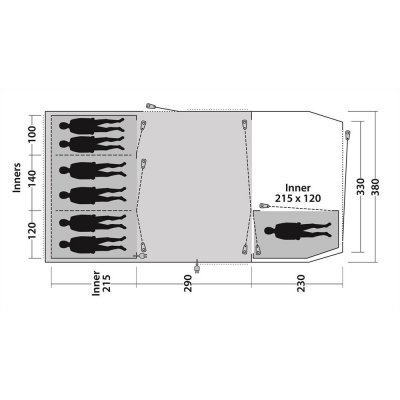 Planlösning Outwell Mallwood 7 Familjetält med plats för 7-personer på 4 sovrum.