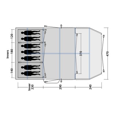 Planlösning för familjetältet Outwell Lakeville 7SA.