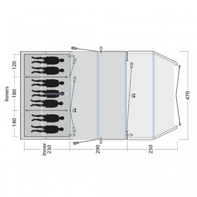 Planlösning för familjetältet Outwell Wood Lake 7ATC