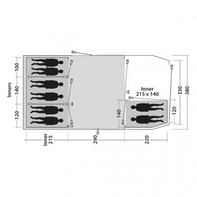 Planlösning Outwell Winwood 8 familjetält med plats för 8-personer i 4 sovrum.