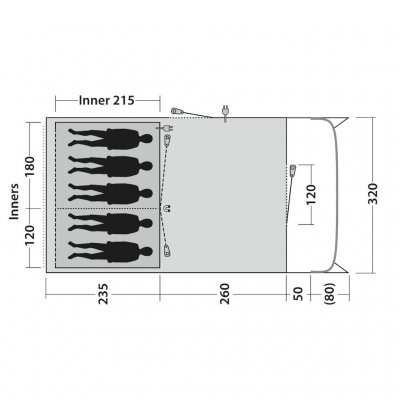 Planlösning för familjetältet Outwell Denver 5. Har två sovrum med plats för 2 respektive 3 personer.