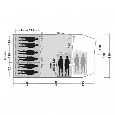 Planlösning Outwell Phoenix 6+2 familjetält med plats för 5-personer i 2 sovrum.