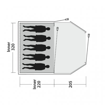 Planlösning för 5-personers tältet Outwell Earth 5.