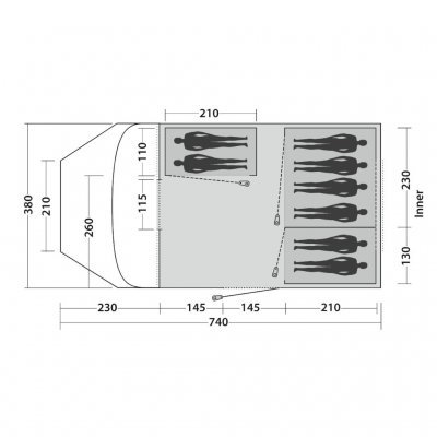Planlösning för familjetältet Easy Camp Palmdale 800 Lux. Två allrum och tre sovrum.