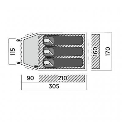 Setesdal 3 kupoltält planlösning, visar innertält, absid och mått för tältets storlek.