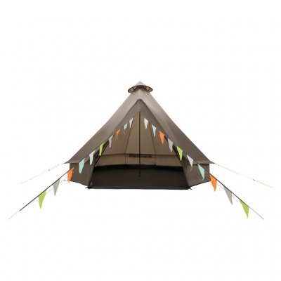 Easy Camp Vaulen Tipi med öppen dörr – rymlig entré med A-ramsstång för extra stabilitet och skydd. Nätfönster och gardiner med