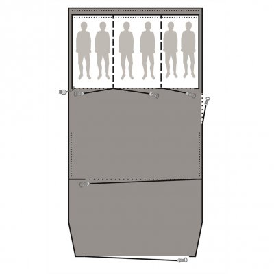 Golvskyddet ligger under hela familjetältet och skyddar mot väta, smuts och slitage. Det ger även ett golv i det yttre rummet.