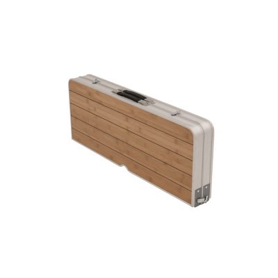 Campingbordet bärs enkelt i det inbyggda handtaget. Stolarna viks in mellan skivorna.