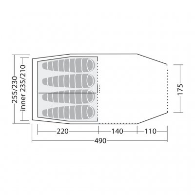 Planritning av Robens Cima Versa 4 – visar tältets layout med sovutrymme och absid för smart packning och god komfort