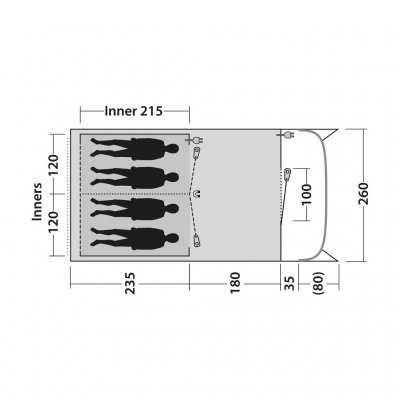 Planlösning för familjetältet Outwell Durango 4 . Har två sovrum med plats för 2 respektive 2 personer.