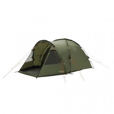 Easy Camp Kinn 4, ett billigt 4-personers familjetält med två mörka sovrum och ett ljust allrum.