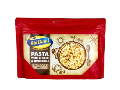 Blå Band vegetarisk frystorkad mat bestående av pasta, ost och broccoli.