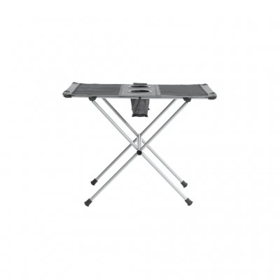 Litet och lågt bord med stålram och mugghållare för två personer.